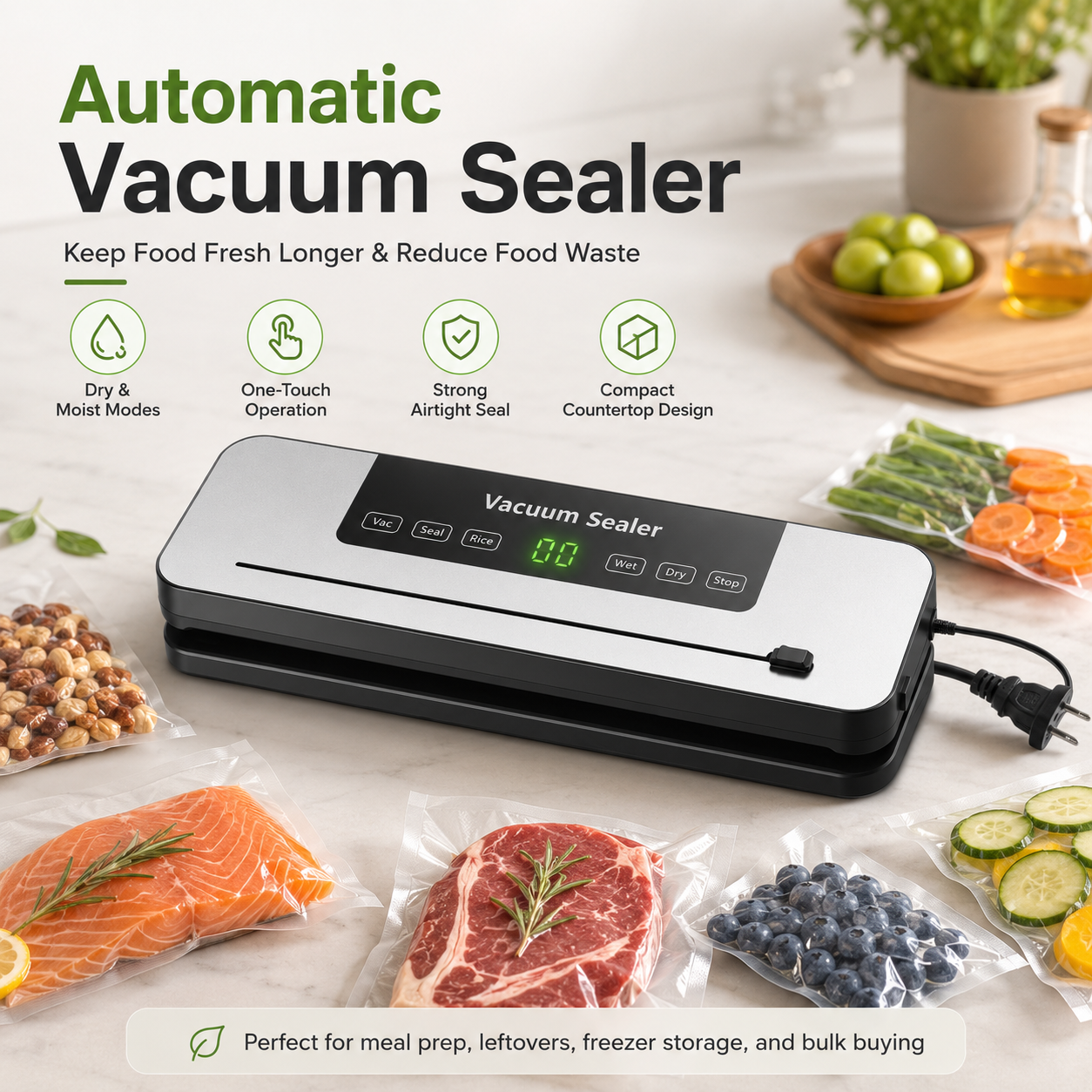 FreshLock automatic vacuum sealer with dry and moist modes for meal prep and food storage