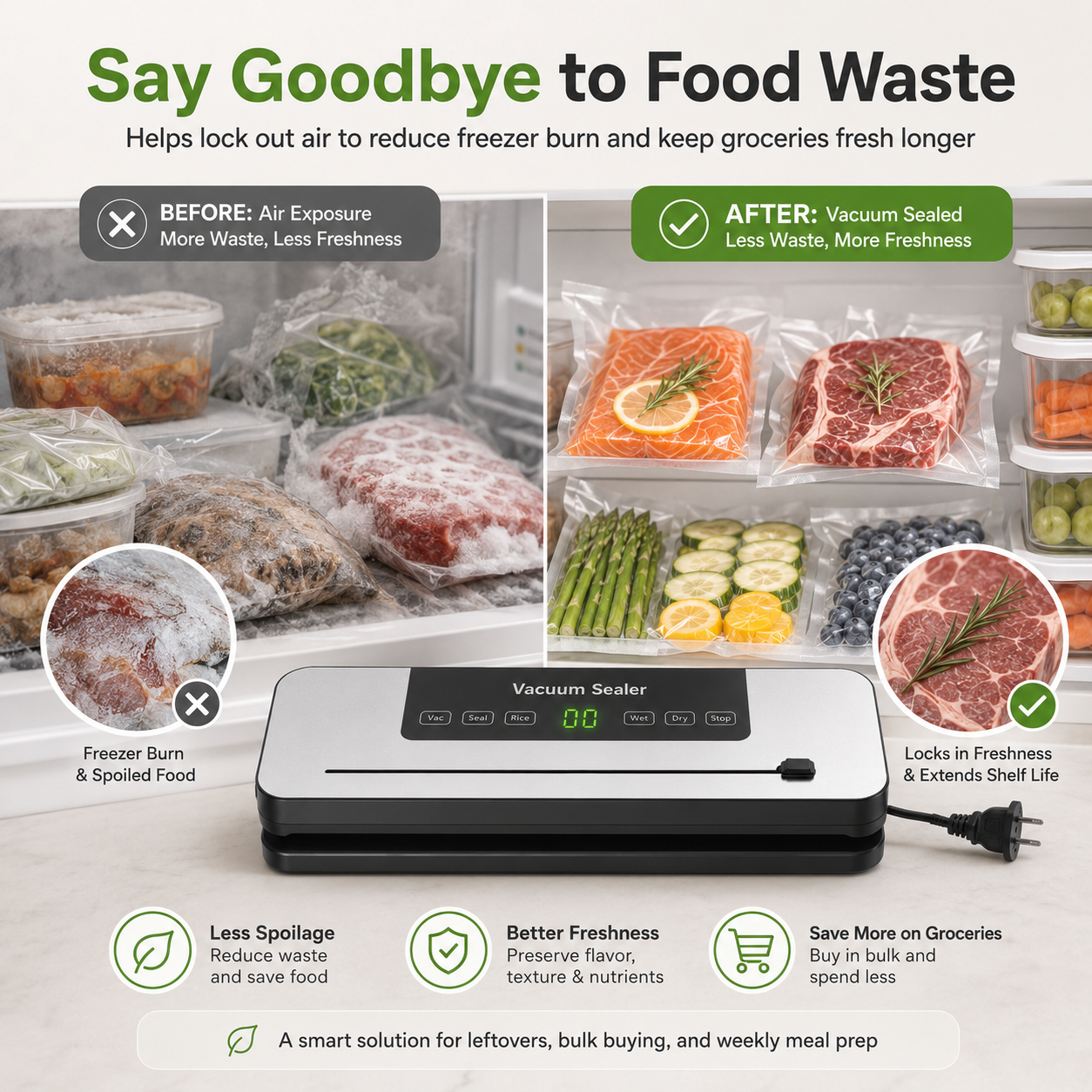 Before and after comparison of freezer food stored with the FreshLock vacuum sealer