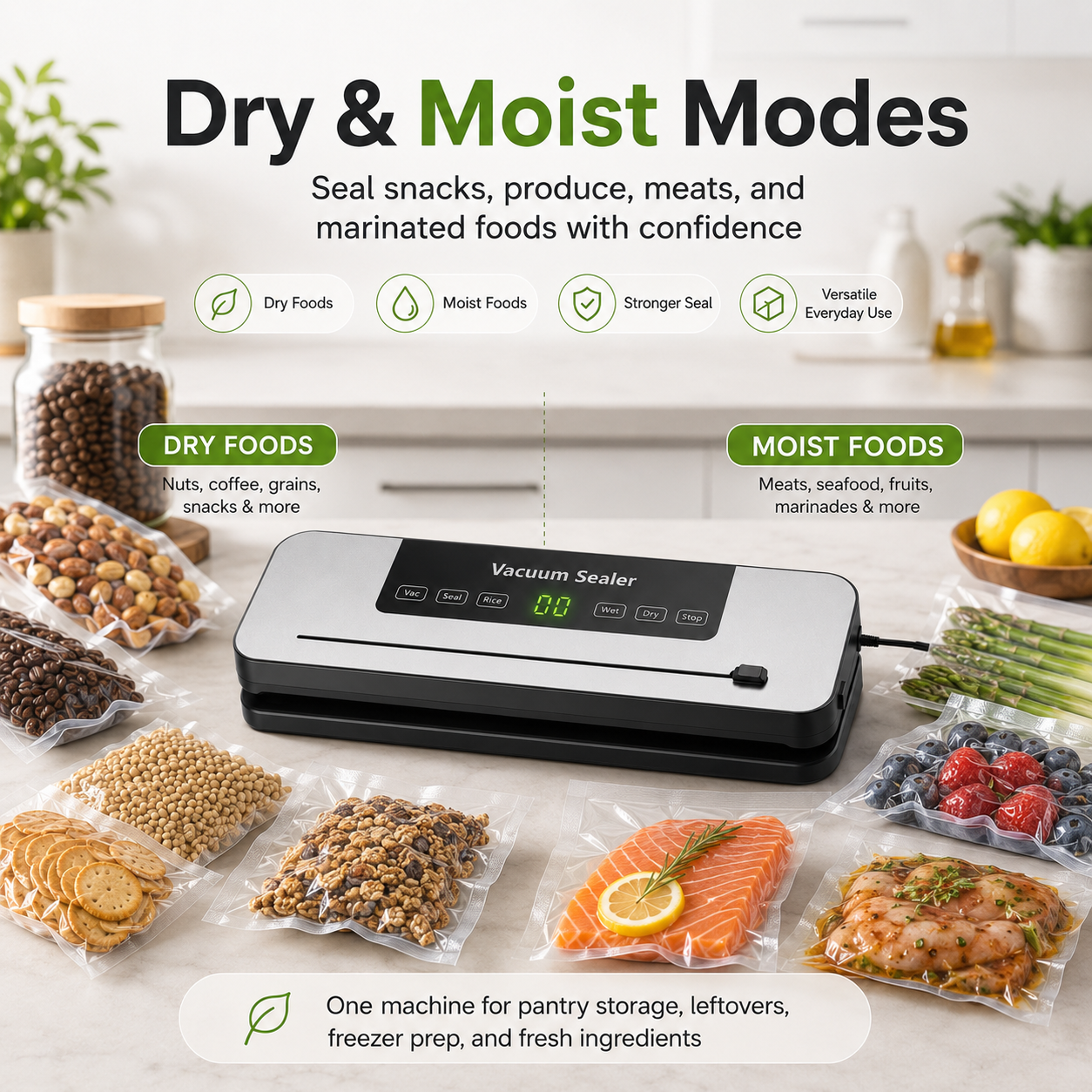FreshLock vacuum sealer sealing dry pantry foods and moist meats and produce