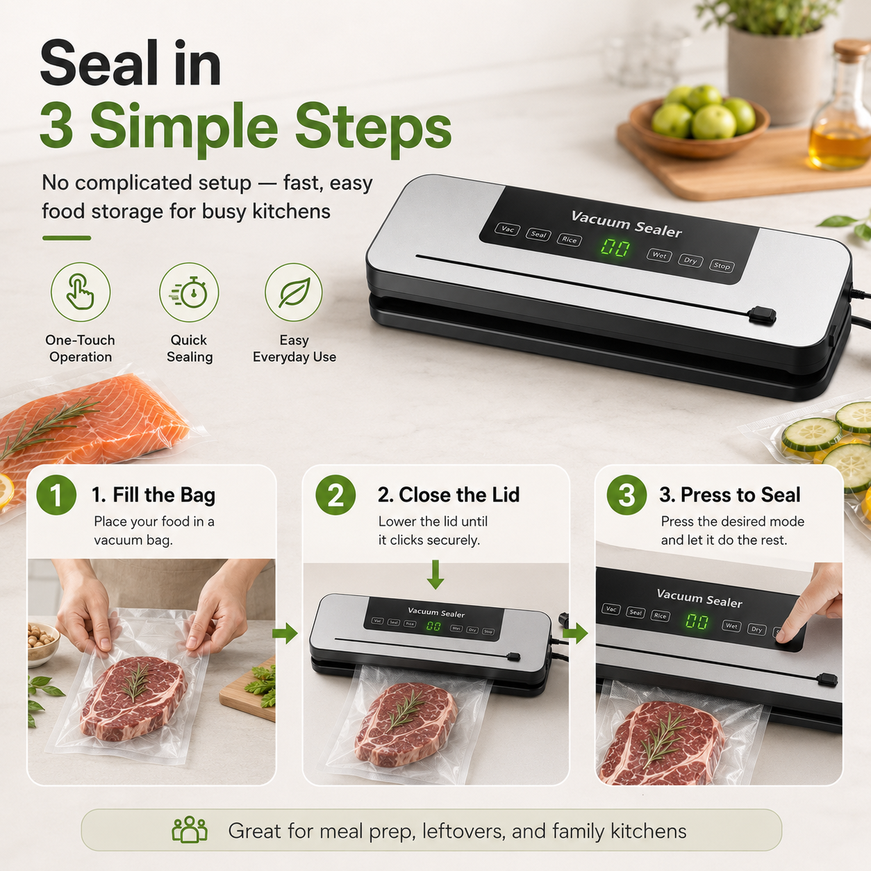 Three-step guide showing how to fill a bag, close the lid and use the vacuum sealer