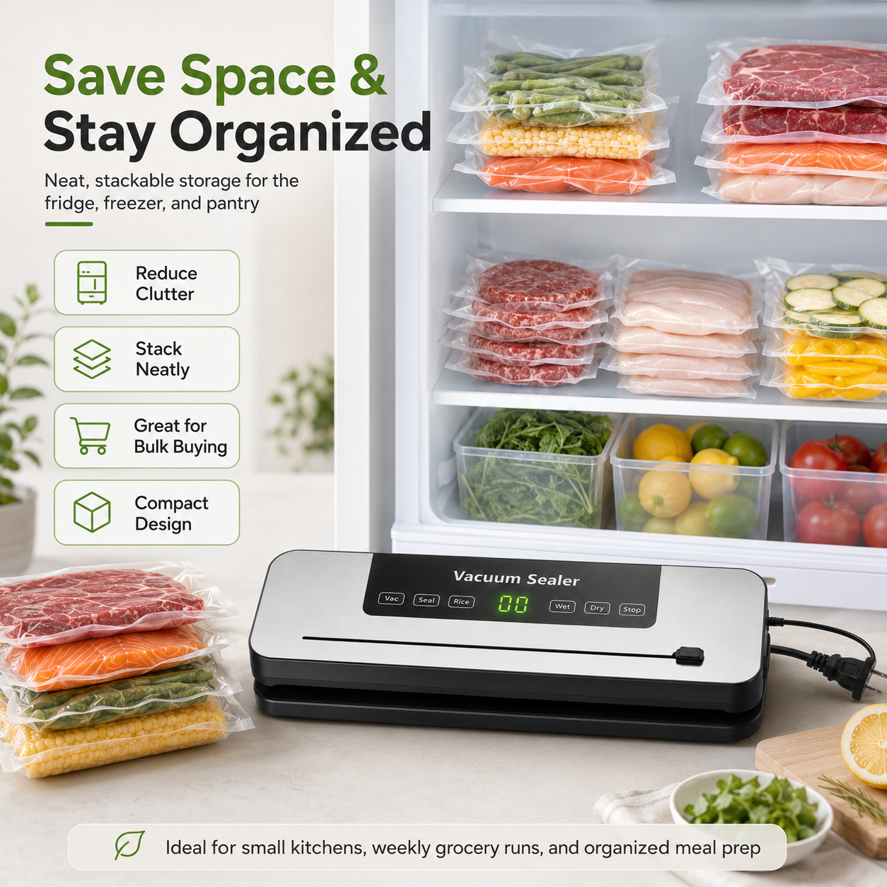 Vacuum-sealed food stacked neatly in a refrigerator beside the FreshLock sealer