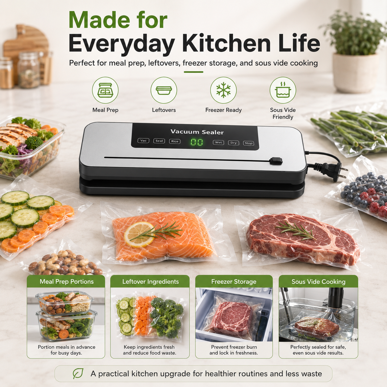 FreshLock vacuum sealer for meal prep, leftovers, freezer storage and sous vide