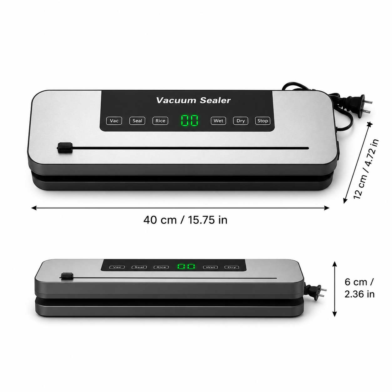 FreshLock silver vacuum sealer dimensions: 15.75 by 4.72 by 2.36 inches